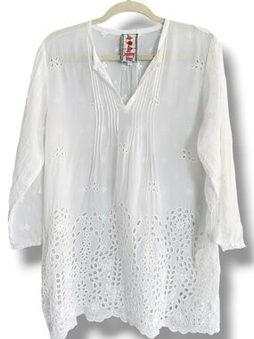 Johnny Was Eyelet Split Neck Silky Cupra Rayon Tunic Top Size Small White